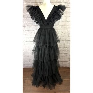 FAERIESTY Dress XS Black Tulle Tiered Ruffle Gown Maxi Whimsigoth Witchy Fairy